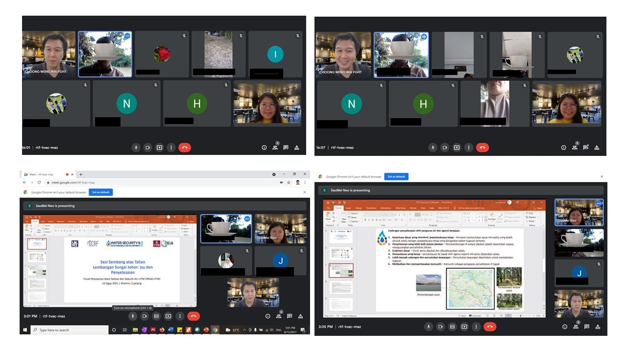 Four screen shots showing participants and researchers engaging in an online chat, including a presentation being shared 